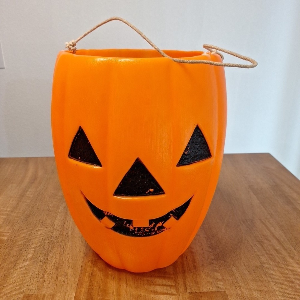 Vtg‎ 1960 Halloween Smiling Tooth Pumpkin Blow Mold Candy Bucket LARGE 14" *CHIP